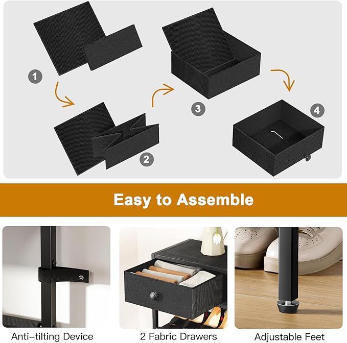 Shoe Rack, 5 Tier Shoe Organizer with 2 Drawers, Metal Shoe Storage for 16-20 Pairs of Shoes with Fabric Shelves and Wooden Top, Narrow Shoe Shelf for Closet Entryway Black