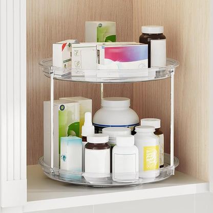 2 Tier Lazy Susan Organizer, 9.25'' Lazy Susan Turntable for Cabinet, Stackable Turntable Organizer Rotating Spice Rack Organization for Kitchen Countertop, Pantry, Bathroom, Clear