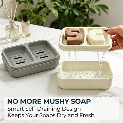 AIMAIAIMAI 2-Compartment Shampoo Bar Holder | Slotted Soap Dish with Drainage Tray for Bar Shampoo and Conditioner (1-Pack, White)