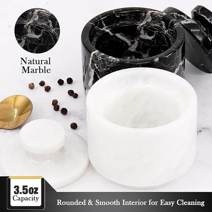 MARBLOUS KRAFTS Marble Salt Cellar with Lid 3" White and Black Zebra Spice Jar For kitchen Counter Stone Salt Container and Salt, Pepper Bowls, Perfect Mother’s Day Gift