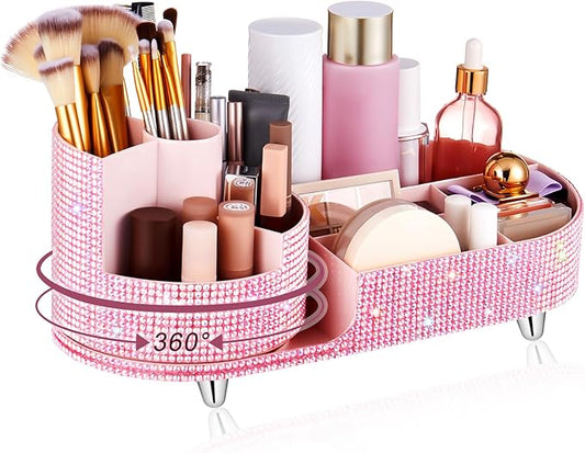 Teen Girls Mother's Day 360 Rotating Bling Makeup Organizer Gift Rhinestone Diamond Bathroom Organizer Girly Skin Care Brush Holder for Countertop, Bathroom Essentials(Pink,Rhinestone)