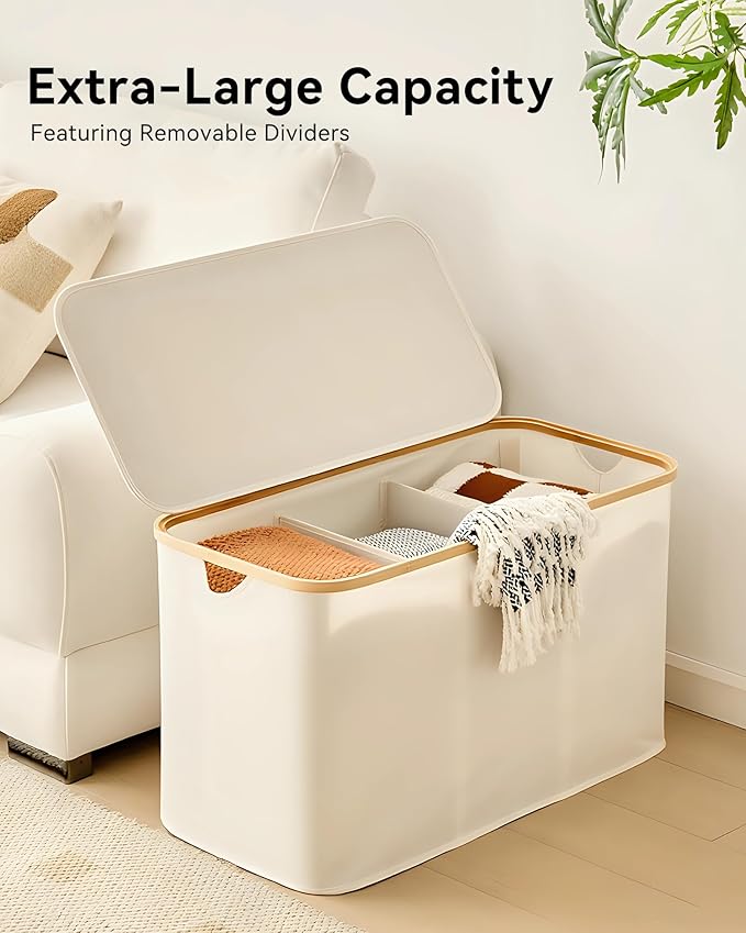 Storage Basket with Lid and Handles, 135L Fabric Bin with Divider for Shelf, Closet, Toy Organization, Collapsible Storage Organizer for Home, White