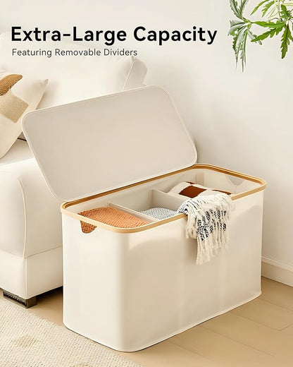 Storage Basket with Lid and Handles, 135L Fabric Bin with Divider for Shelf, Closet, Toy Organization, Collapsible Storage Organizer for Home, White