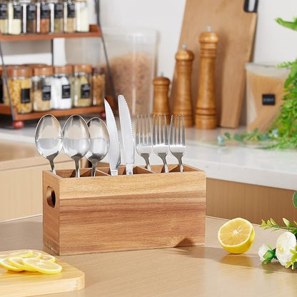 VIVIRBIEN Acacia Wooden Silverware Holder, Kitchen Utensil Caddy with 3 Compartments, Cutlery Storage Organizer Countertop, Flatware Organizer for Party, Spoon, Fork Holder