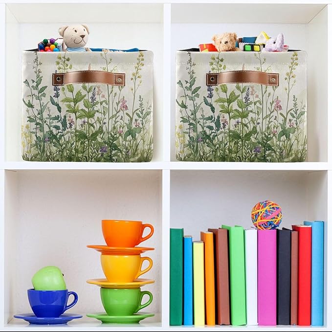 Spring Herbs Storage Basket Decorative Summer Fabric Baskets Bins Foldable Shelf Closet Baskets Storage Box Cube With Handle Organizer Basket For Kids Toys Clothes Bedroom Nursery