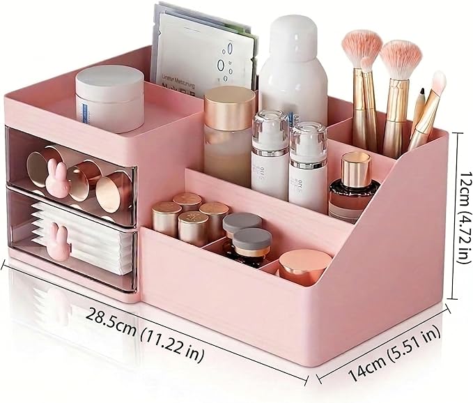 Makeup Organizer With 2 Drawers, Countertop Organizer For Vanity, Bathroom Organizers And Storage, Bathroom And Bedroom Desk Cosmetics Organizer For Skin Care, Brushes, Eyeshadow, Lotions (Pink)