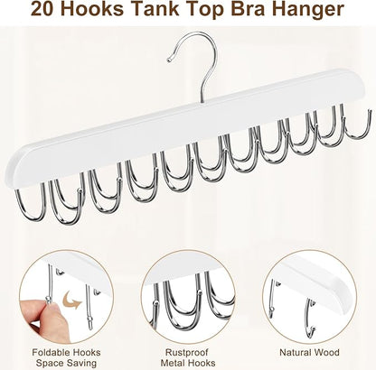Resovo Bra Hanger for Closet, Tank Top Hanger 20 Hooks Capacity Foldable Wood Space Saving Hangers Closet Organizers and Storage for Dorm & Apartment for Tank Top, Bra, Scarf etc.