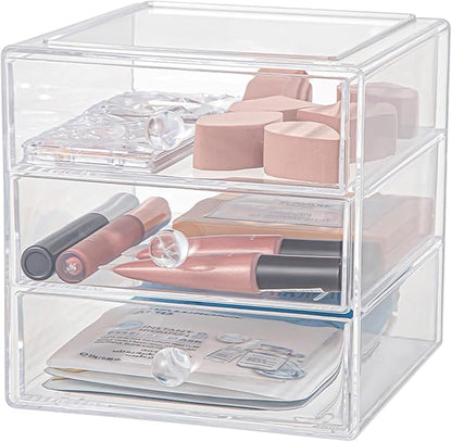 AJIODA Makeup Drawer Organizer Box with 3 Drawers, Acrylic Cosmetic Display Case Vanity Organizer Jewelry Storage Box Stackable Storage for Cosmetics, Skin Care, Bathroom, Countertop, Clear