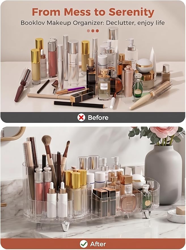 Booklov Rotating Makeup Organizer for Vanity, Large Capacity Cosmetic Display Case, Clear Acrylic Countertop Beauty Storage Holder for Skincare, Brush Eyeshadow Lipstick, Counter Desk, Crystal Clear
