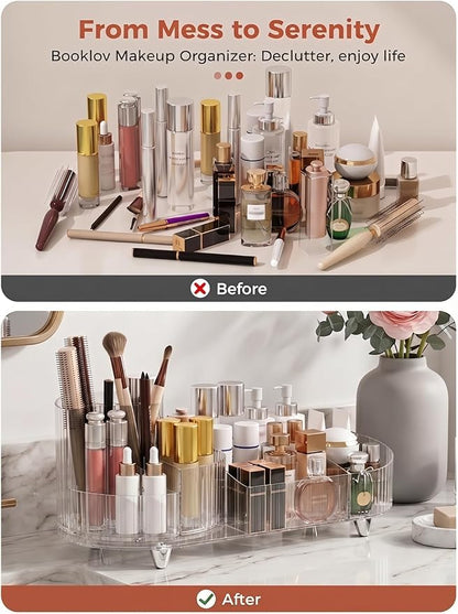 Booklov Rotating Makeup Organizer for Vanity, Large Capacity Cosmetic Display Case, Clear Acrylic Countertop Beauty Storage Holder for Skincare, Brush Eyeshadow Lipstick, Counter Desk, Crystal Clear