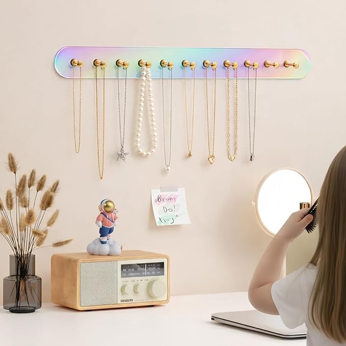 Iridescent Acrylic Necklace Holder Wall Mount, Adhesive Jewelry Organizer with Hooks, 5mm Thick Heavy Duty Hanging Chain Rack for Bathroom, Closet, Door & Dressing Table, 2 Pack