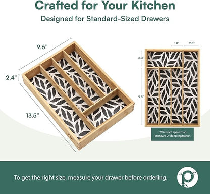 Pristine Bamboo Kitchen Drawer Organizer - Silverware & Utensil Organizer, 5-Slot, Geometric Print