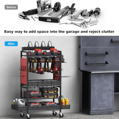 CCCEI Garage Power Tools Organizer Cart with Charging Station, Black Floor Standing Rolling Drill and Tools Battery Storage Cart on Wheels. Red Utility Rack Gift for Men, Husband, Father.