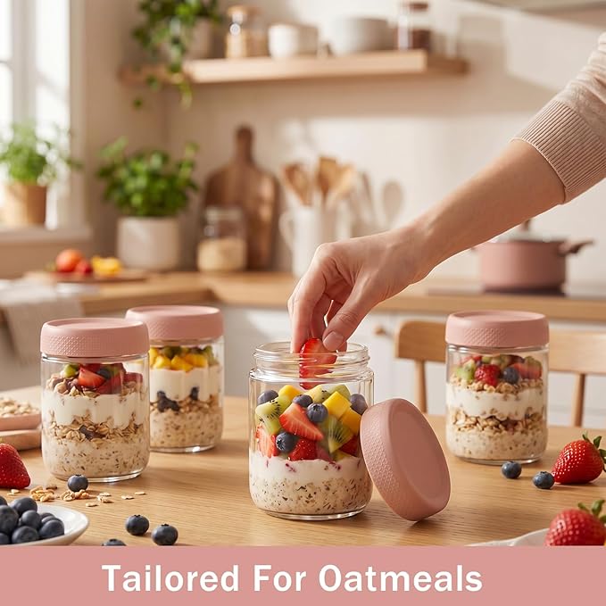 OcePor 6 Pack Overnight Oats Containers with Lids, 16 OZ Glass Mason Overnight Oats Jars, Large Capacity Airtight Jars for Milk, Cereal, Fruit(Pink)