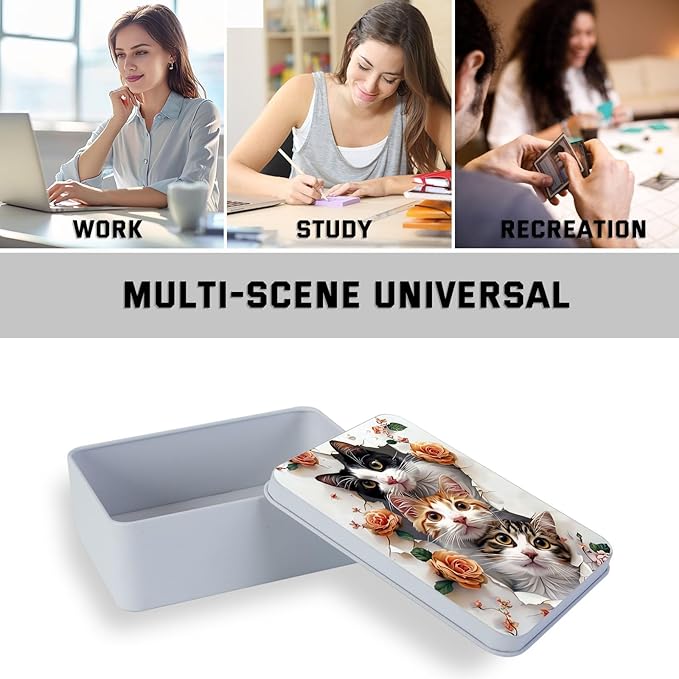 Metal Tin Box with Lid for Game Cards Home Organizer Candles Keys Crafts Storage - Comes with 4 Magnetic Cord Clips，Cute Cats and Roses