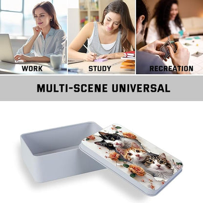 Metal Tin Box with Lid for Game Cards Home Organizer Candles Keys Crafts Storage - Comes with 4 Magnetic Cord Clips，Cute Cats and Roses