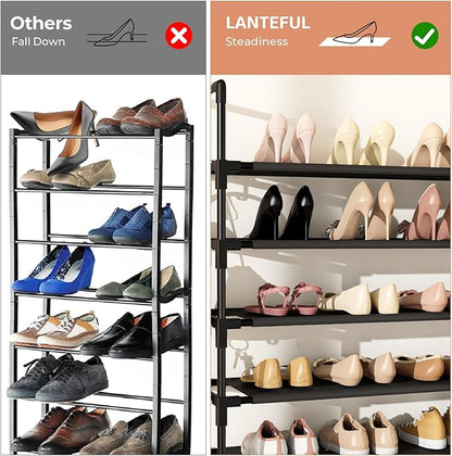 LANTEFUL Tall Shoe Rack 10 Tier Shoe Organizer Large Shoe Shelf with 18 Hooks Storage for 50 Pair, Stackable Vertical Shoe Rack Organizer for Closet, Entryway, Bedroom