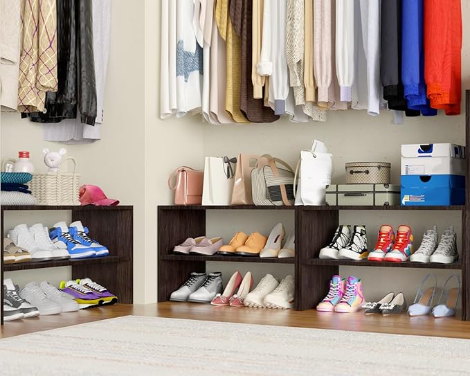 PrimeZone Shoe Rack for Closet - 2-Tier Stackable Shoe Shelf for 6-12 Pairs, Freestanding Wooden Shoe Organizer, Small Storage Shoe Stand for Entryway, Closet, Dorm, Office, Small Space, Espresso