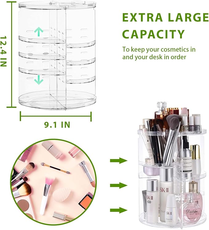 DOZZZ Makeup Organizer 360-Degree Rotating with 7 Layers Large Capacity Adjustable Multi-Function Acrylic Cosmetic Storage Display Case Great For Bathroom Countertop
