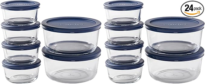 Anchor Hocking 12 Piece Glass Storage Containers with Lids (6 Glass Food Storage Containers & 6 Navy Blue SnugFit Lids) (Pack of 2)