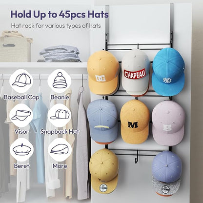 SWTYMIKI Over Door Hat Organizer - 3 Tier Metal Adjustable Wall Mounted Hat Rack with 9 Hooks Design, Hanging Baseball Cap Organizer Storage Holds up to 27 Caps for Door, Bedroom, Closet