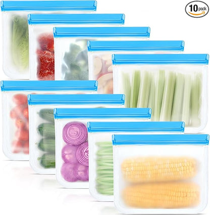 10 Pack Reusable Silicone Food Storage Bags, Leakproof Dishwasher Safe Reusable Freezer Bags for Food Storage Containers, Lunch Bag for Sandwich, Marinate Meat, Salad Fruit 10.3'' x 7.9''