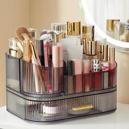 Delamu Makeup Organizer for Vanity with Stackable Drawers, 360 Rotating Makeup Brush Holder Large Cosmetic Display Case, Bathroom Skincare Storage, Crystal Black, Ideal Gifts for Women
