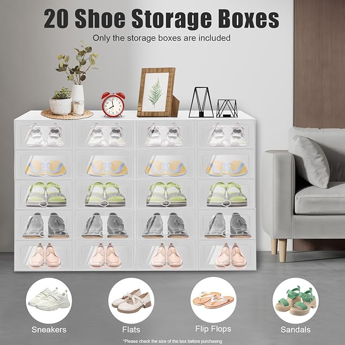 20pcs Stackable Shoe Covers Storage Box, Foldable Plastic Shoe Boxes Drawer Storage Cabinet Organiser Box for Closet Bedroom Bathroom (32.6 * 24 * 14cm)