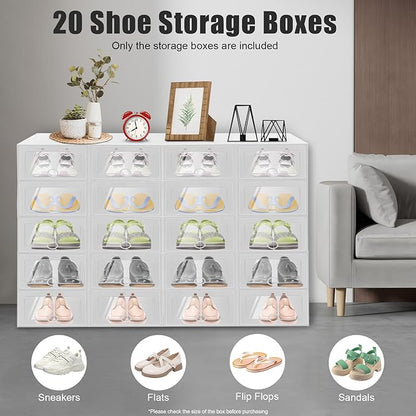 20pcs Stackable Shoe Covers Storage Box, Foldable Plastic Shoe Boxes Drawer Storage Cabinet Organiser Box for Closet Bedroom Bathroom (32.6 * 24 * 14cm)