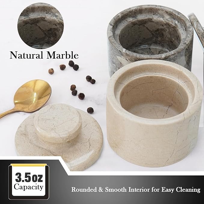 MARBLOUS KRAFTS Marble Salt Cellar 3" Inch Oceanic and Verona Celtic Salt and Spice Holders, DiningTable Decor for Kitchen & Home, Sea Salt Holder with Lid Storage Container, Gift for Mom