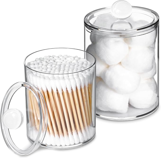XIPENGKEJI 2 Pack Qtip Holder,Canister Apothecary Jar Set, Bathroom Jars with Lids Set for Cotton Swabs, Balls, Pads, Floss Picks,10oz-12oz Plastic Canisters Restroom Bedroom Vanity Organizer(Clear)