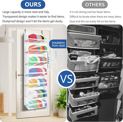 7-layer large capacity Hat Organizer, Hat Rack for Door With Dust Cover, Adjustable Hooks, And Transparent Visible Over The Door Hat Rack, Ideal for Home Organizatio
