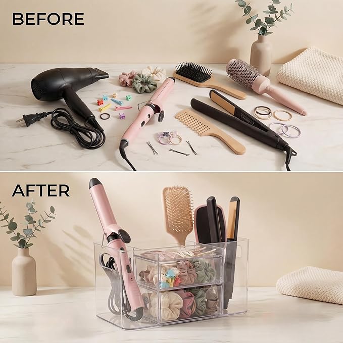 Hair Accessories Organizer for Girls & Women, 2-Drawer Clear Plastic Hair Brush Holder with 3 Compartments, Vanity Countertop Makeup Organizer for Hair Ties, Clips & Bobby Pins