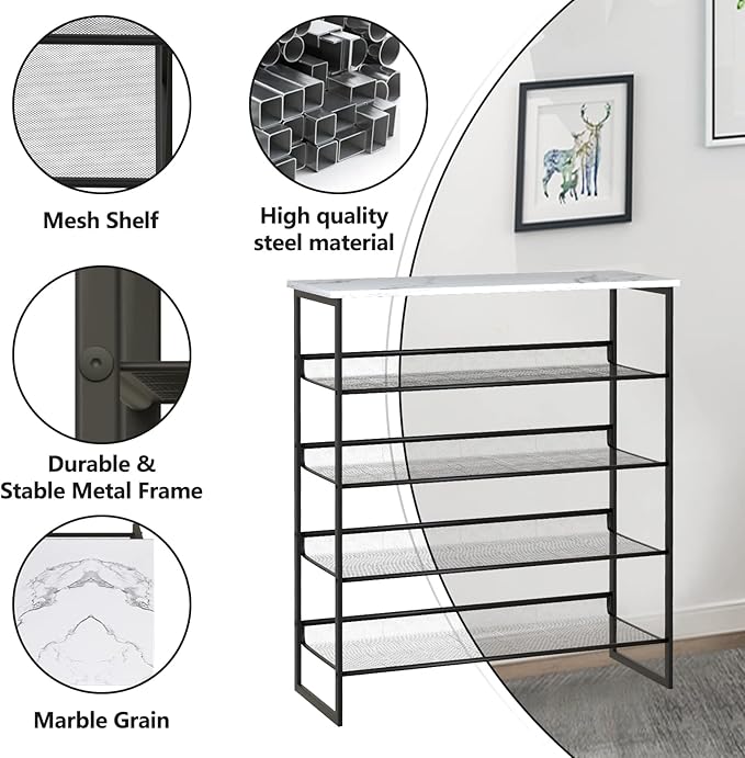 Garden 4 you Shoe Rack for Entryway 5 Tiers 11.8" D x 29" W x 36.5" H, Metal Shoe Rocks with White Wooden Tabletop, Angled Shoes Rack with Adjustable Mesh Shelves for Entryway Hallway Closet