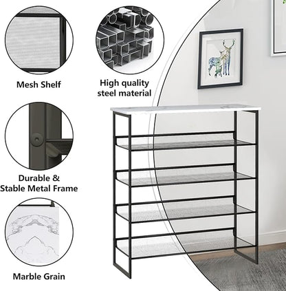 Garden 4 you Shoe Rack for Entryway 5 Tiers 11.8" D x 29" W x 36.5" H, Metal Shoe Rocks with White Wooden Tabletop, Angled Shoes Rack with Adjustable Mesh Shelves for Entryway Hallway Closet