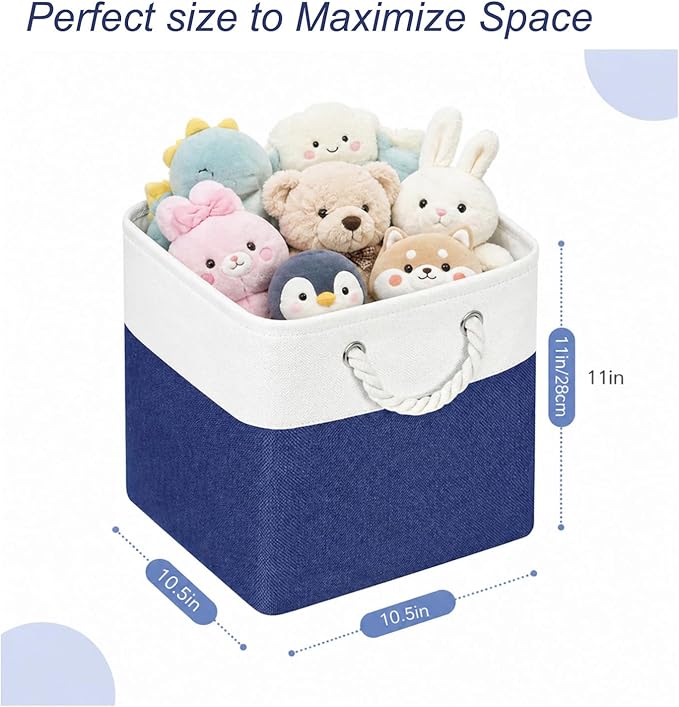 Cube Storage Bins, Collapsible Fabric Storage Cubes Bins, 11 Inch Cube Storage Bins with Handles, Foldable Storage Cubes (White/Navy, 6Pack)