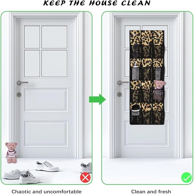 Over the Door Shoe Organizer,Leopard Print Design Hanging Storage Bags with 12 Mesh Large Pockets,Hanging Shoe Storage Waterproof Reusable