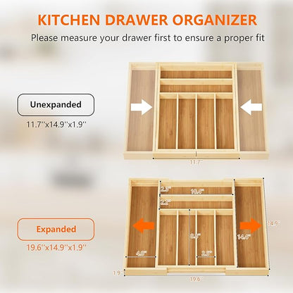 Expandable and Adjustable Bamboo Drawer Organizer Tray - Cutlery & Flatware Organizers for Kitchen Utensils, Silverware Organizer with Dividers, 6-8 Slots with Curved Grooves (Natural)