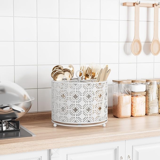 YIUKEA Rotating Utensil Caddy Holder - Higher Raised Cutlery Caddy Countertop - Metal Silverware Caddy Organizer with 4 Compartment for Kitchen Counter Party Office white