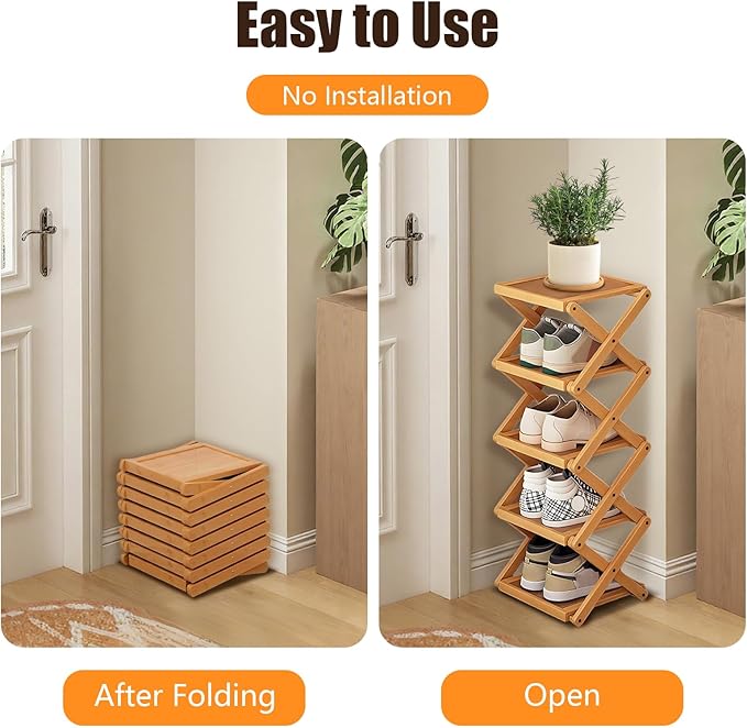 YYW Shoe Rack, Foldable Bamboo Shoes Shelf, Freestanding Shoe Storage Organiser for Entryway, Bedroom, Closet, Hallway - Functional, Natural Shoe Rack (Original, 5 Layers)