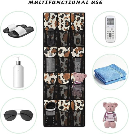 Brown Over The Door Shoe Organizer 12 Pockets Over The Door Hanging Organizer for Kids Room Toys Cowhide Spotted Shoe Holder Hanger Space Saving Wall Hanging Storage for School