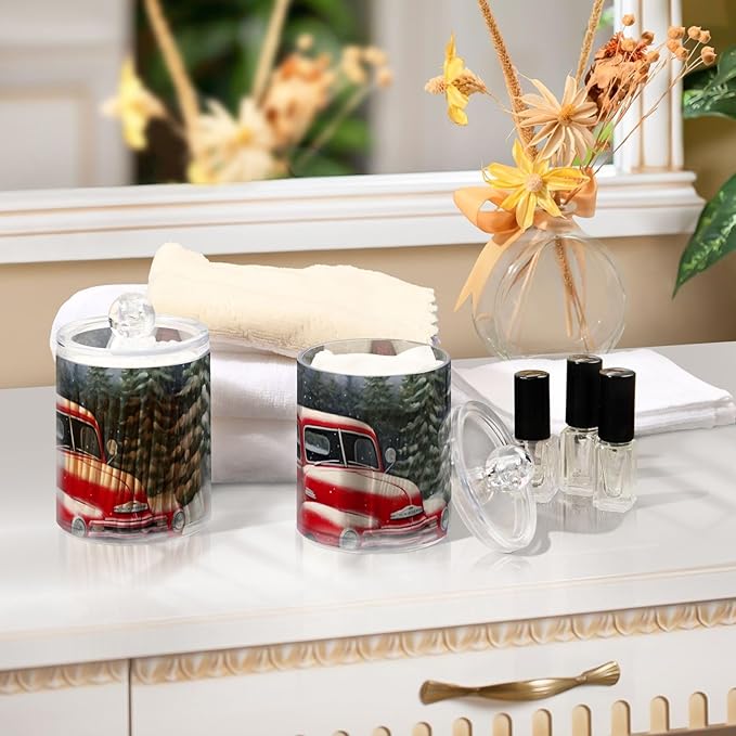 2 Pack Apothecary Jars Bathroom Red Truck Farm Christmas Qtip Holder Dispenser Clear Plastic Storage Canister Jar with Lid for Cotton Ball, Cotton Swab