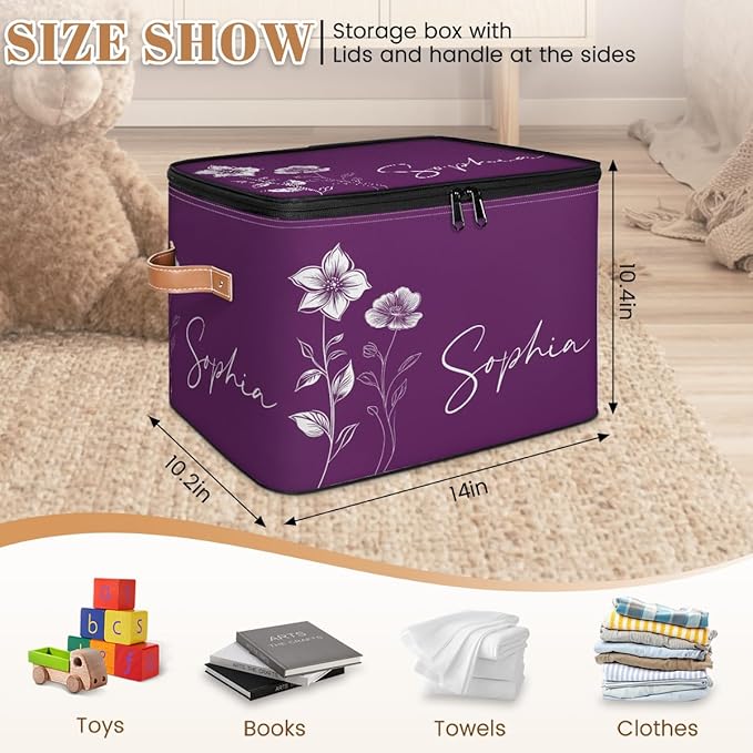Custom Flower Storage Bins with Lid, Foldable Personalized Storage Basket Boxes with Handle Purple Shelf Basket Closet Organizer Cube