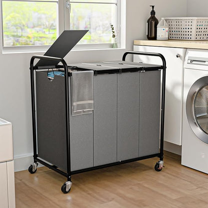 Laundry Sorter 4 Sections 48 Gal, Rolling Laundry Basket with Lockable Wheels and Lid, Laundry Hamper with 4 Separated Removable Bags Dirty Clothes Hamper for Laundry Room Organizer, Grey