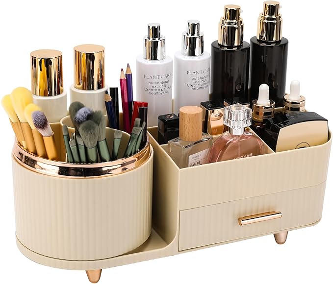 Beborxue 360° Rotating Makeup Organizer for Vanity with Drawers, Large Capacity Cosmetic Display Case, skincare organizer, Cosmetic Organizer for Lipstick, Skincare, Brushes, Eyeshadow, (Rice White)