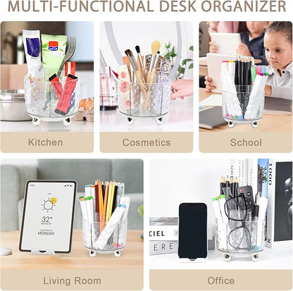 SAYEEC Pen Holder for Desk 6 Slots Rotating Makeup Brush Organizer Toothbrush Holder Versatile Desk Skincare Cosmetic Organizer Pencil Cup Pot Art Supply Caddy for Office Vanity Bathroom, Clear Silver