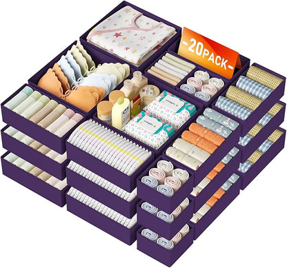 DIMJ Drawer Organizer Clothes Storage - 20 Pack Baby Dresser Organizer for Nursery, Foldable Closet Drawer Bins for Bedroom Organization, Fabric Storage Dividers for Socks, Underwears, Purple