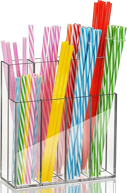 Acrylic Straw Holder for Cabinet Door, Clear Straw Organizer for Reusable Straws, Self-Adhesive No Drill Wall Mount Storage for Kitchen Bar Office, Large Capacity Tableware Rack (8 Compartments)