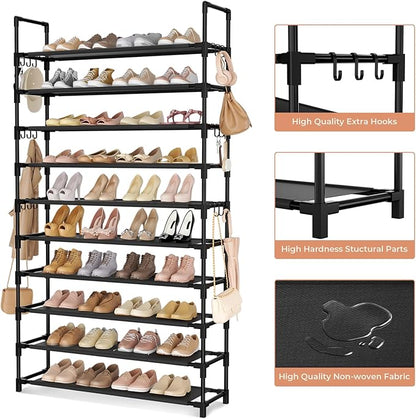 LANTEFUL Tall Shoe Rack 10 Tier Shoe Organizer Large Shoe Shelf with 18 Hooks Storage for 50 Pair, Stackable Vertical Shoe Rack Organizer for Closet, Entryway, Bedroom