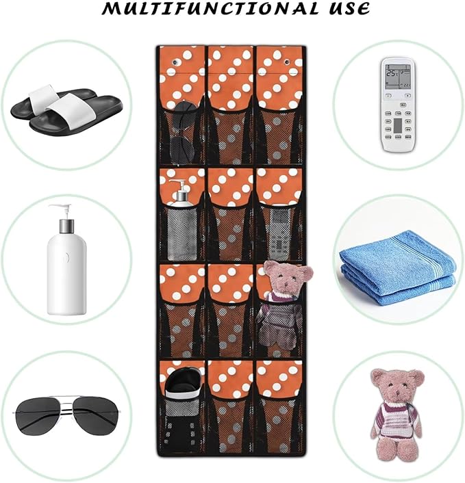 Extra Large 12-Pocket Storage Hanging Bag for Behind The Door, Heavy Duty Oxford Fabric, Waterproof Lightweight and Space-Saving Organizer for Home Use, Dots Print Orange